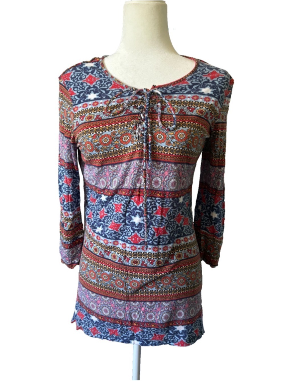 New Directions Boho Peasant Top Small Paisley Geometric Print Tie Neck Long Slv